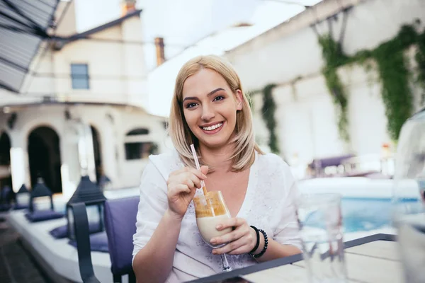 Young Beautiful Blonde Woman Holding Drink Smiling Looking Camera Private — 스톡 사진