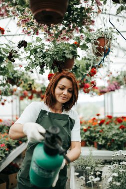 Serada çalışan ve güzel çiçekler zevk Kızıl saçlı genç kadın. Bahçe merkezinde kadın işçisi.
