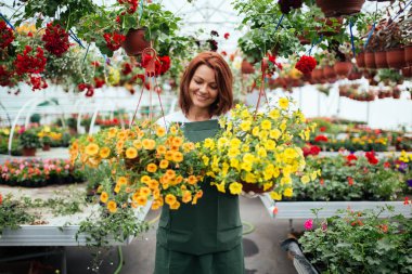 Serada çalışan ve güzel çiçekler zevk Kızıl saçlı genç kadın. Bahçe merkezinde kadın işçisi.