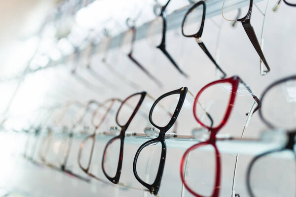 Eyeglasses frames in optical store.