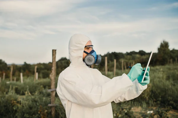 Weed control. Industrial agriculture researching. Man with digital tablet in protective suite and mask taking weed samples in the field. Natural hard light on sunny day.