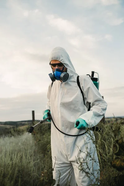 사람은 농장에 유독한 살충제 살충제를 합니다 화창한 날에는 스러운 라이트 — 스톡 사진