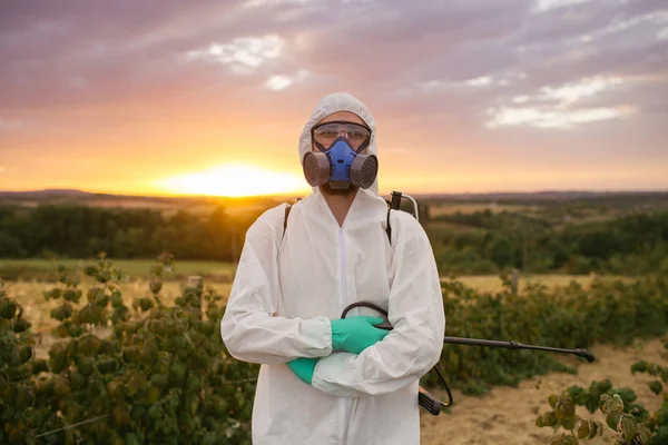 Control Malezas Tema Agricultura Industrial Hombre Rociando Pesticidas Tóxicos Insecticidas — Foto de Stock