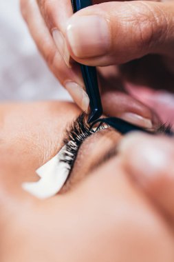 Kirpik uzatma işleminde güzel orta yaş kadın. Kozmetik ve vücut bakımı yakın çekim.