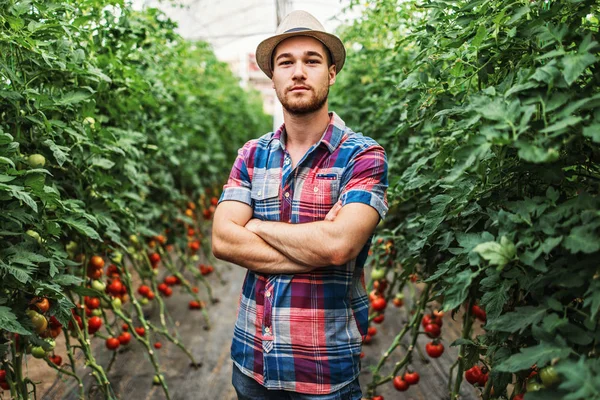 Ayakta duran, poz veren ve kameraya bakan kendinden emin genç bir adam. Seradaki işçi ya da mal sahibinin portresi.