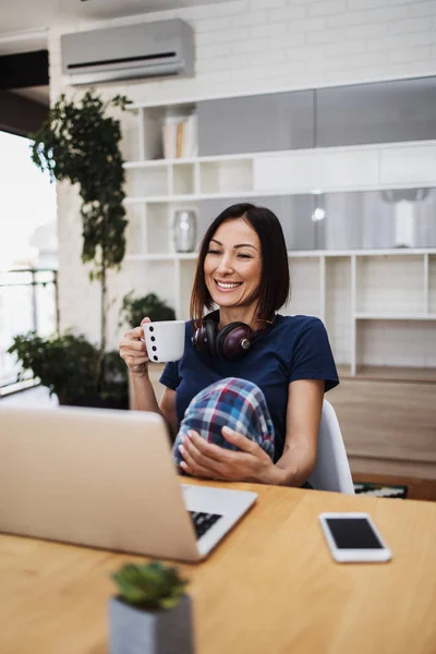 Attractive and happy middle age female freelancer is working and smiling at her home. Modern living room in background. Freelancing job concept.