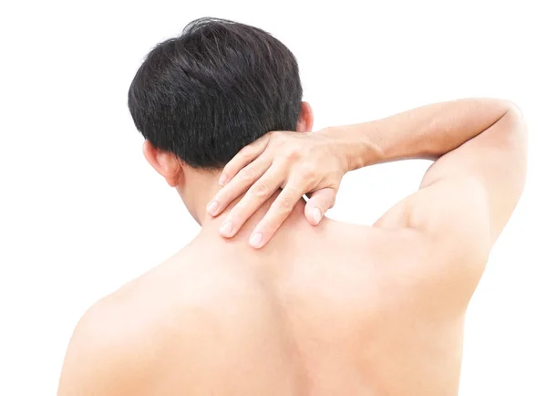 Mão Homem Close Segurando Pescoço Ombro Com Dor Fundo Branco — Fotografia de Stock
