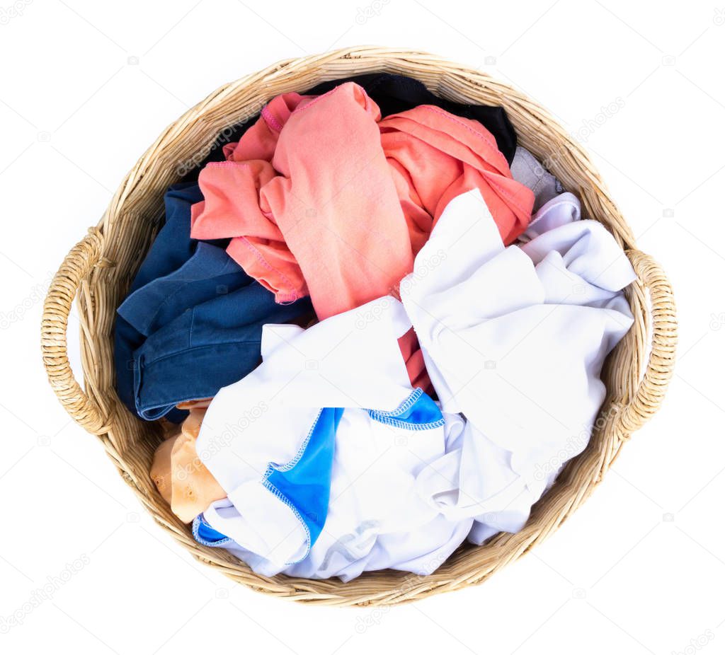 Top view, Clothes on wicker baskets for washing preparations whit white background, housework concept