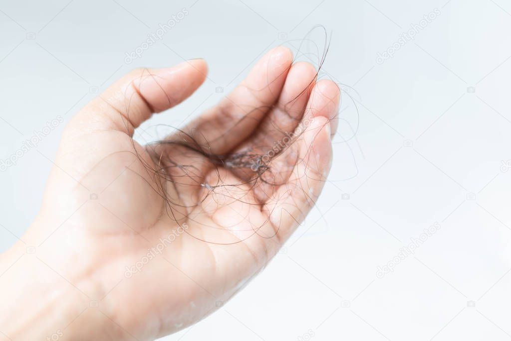 Woman holding hair loss on hand after washing hair for health care shampoo and beauty product, selective focus 