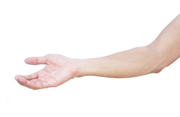 Man Hands Holding Something White Background Product Advertising Concept — Stock Photo, Image