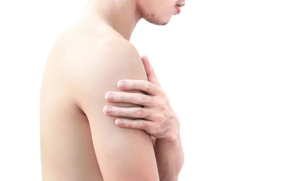 Closeup Homem Mão Segurando Ombro Com Dor Fundo Branco — Fotografia de Stock