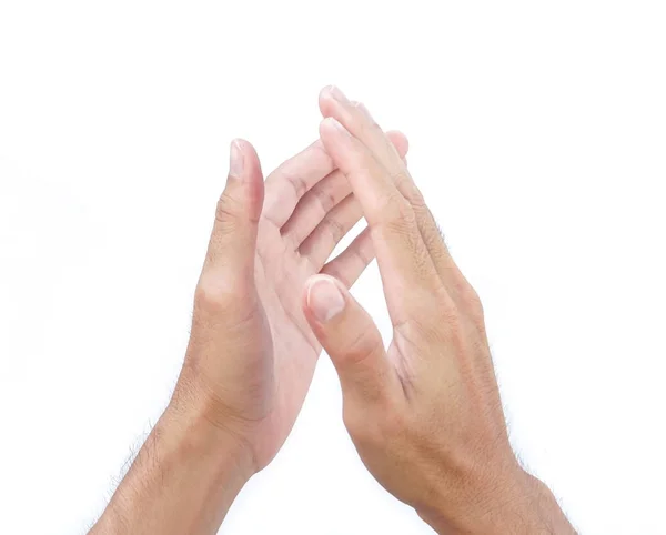 Mãos de homem segurando algo no fundo branco para o produto — Fotografia de Stock