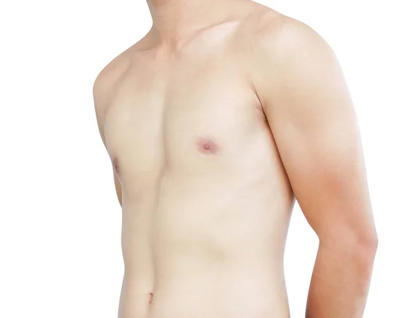Primer plano cuerpo flaco hombre aislado con fondo blanco, cuidado de la salud y el concepto médico —  Fotos de Stock