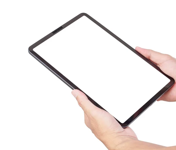 Primer plano hombre mano celebración tableta digital con pantalla blanca para texto o concepto de concepto de publicidad de productos — Foto de Stock