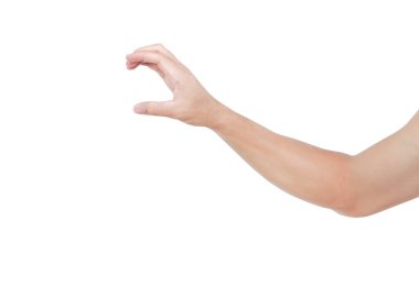 Adamın elleri ürün reklamcılığı konsepti için beyaz arka planda bir şey tutuyor.