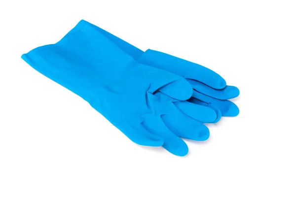 Gants en caoutchouc bleu pour le nettoyage sur fond blanc, concept de maison de travail — Photo