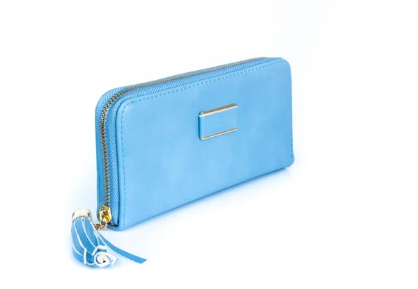 Close-up moderne blauwe kleur vrouw portemonnee op witte achtergrond — Stockfoto