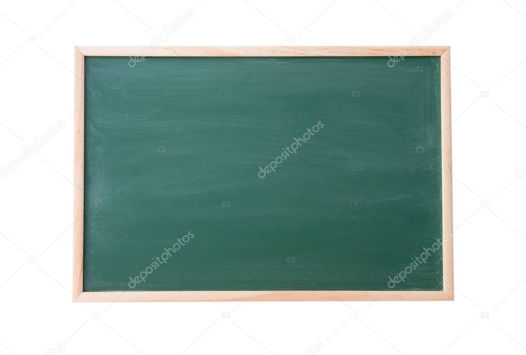 Green Chalkboard with wooden frame isolated on white background, texture for text advertise
