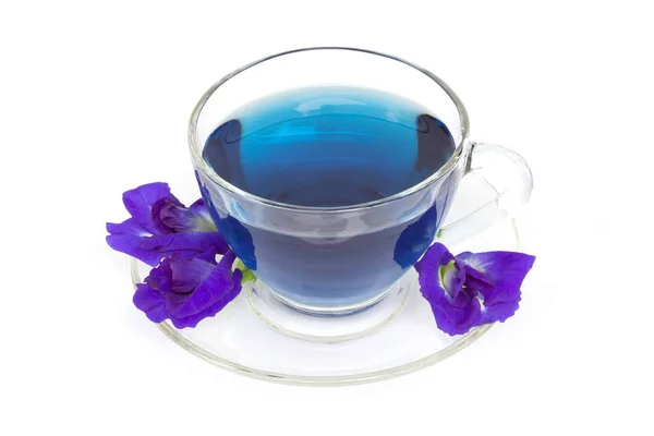 Glass of butterfly pea juice on white background, herb and medical concept — Stock Photo, Image