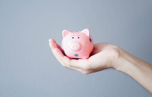 Closeup hand holding pink ceramic piggy bank on grey background, saving money concept