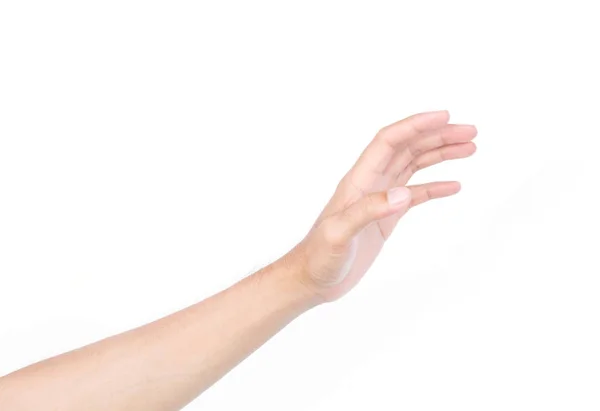 Ο άνθρωπος χέρια κρατώντας κάτι σε λευκό φόντο για την έννοια της διαφήμισης των προϊόντων — Φωτογραφία Αρχείου