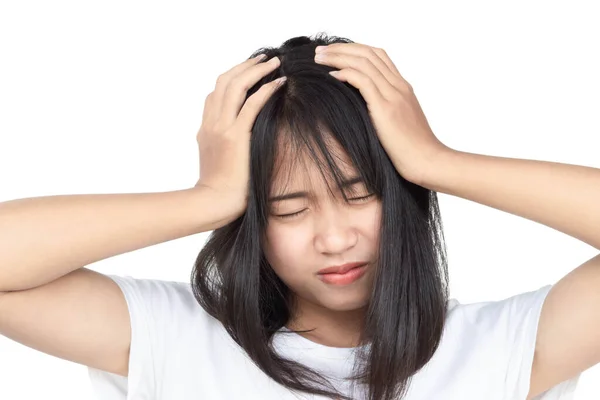 Closeup Woman Headache Depressed Isolated White Background — Stock Photo, Image