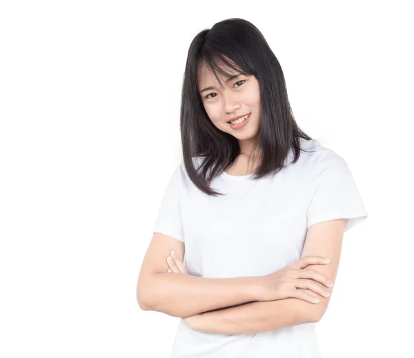 Jovem Bela Mulher Asiática Vestindo Camiseta Isolada Fundo Branco Rosto — Fotografia de Stock