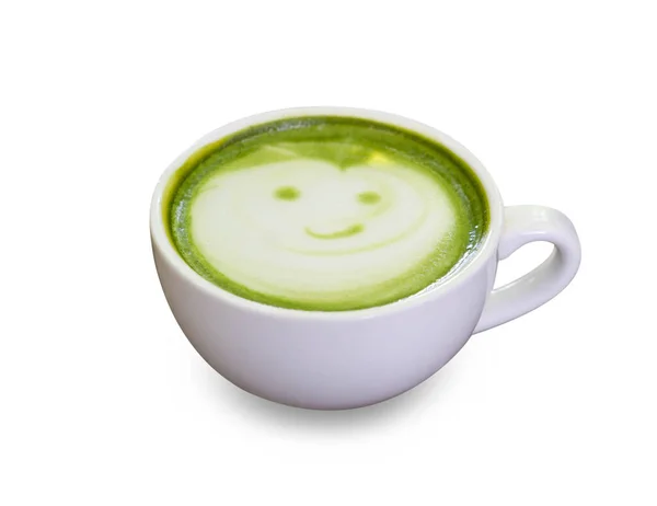 Nahaufnahme Glas Matcha Grüner Tee Apfelform Isoliert Auf Weißem Hintergrund — Stockfoto