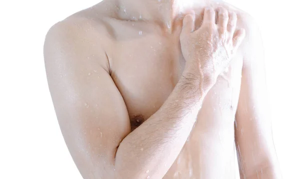 Fechar Bonito Asiático Homem Tomando Chuveiro Isolado Branco Fundo — Fotografia de Stock