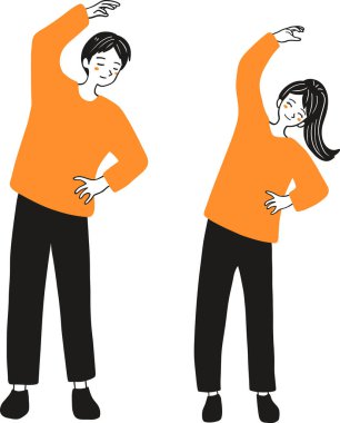 Erkek ve Kadın Yan Germe Egzersizi Yapıyor Çizim Tasarımı