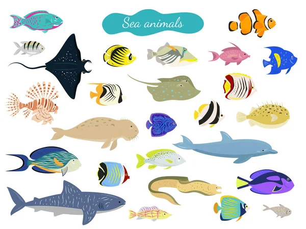 Ensemble Animaux Mer Dessin Animé Sur Fond Blanc Illustration Vectorielle — Image vectorielle