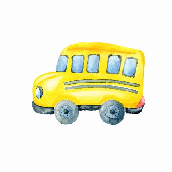 Autobus Scolaire Coloré Sur Fond Blanc Illustration Aquarelle Dessinée Main — Photo