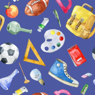 Okul öğeleri ile Seamless modeli. El suluboya resim çekilmiş.