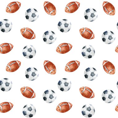 Beyaz arka plan üzerinde futbol topları ile Seamless modeli. El suluboya resim çekilmiş.