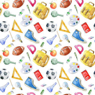 Beyaz arka plan üzerinde okul öğelerle seamless modeli. El suluboya resim çekilmiş.