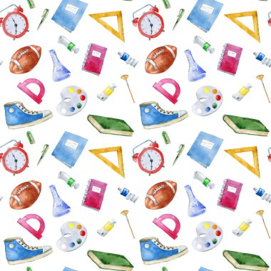 Beyaz arka plan üzerinde okul öğelerle seamless modeli. El suluboya resim çekilmiş.