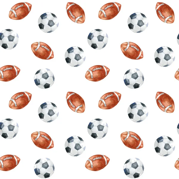 Seamless pattern with soccer balls on white background. Hand drawn watercolor illustration.