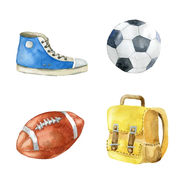 Schul Und Sportartikel Auf Weißem Hintergrund Handgezeichnete Aquarell Illustration — Stockfoto