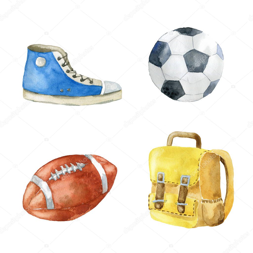 Set of school and sport items on white background. Hand drawn watercolor illustration.