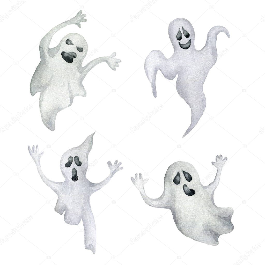 Set of halloween ghosts. Hand drawn watercolor illustration. 