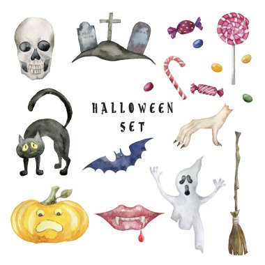 Çizgi film Halloween karakter kümesi. El suluboya resim çekilmiş. 