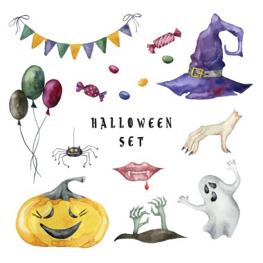 Çizgi film Halloween karakter kümesi. El suluboya resim çekilmiş.