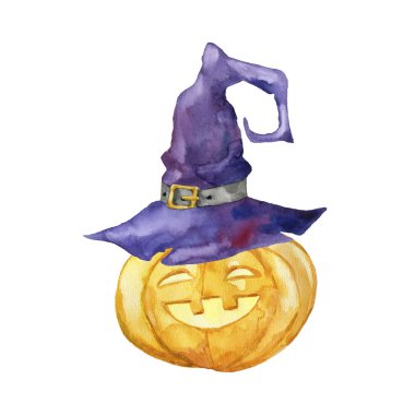 Cadılar Bayramı Balkabağı beyaz arka plan üzerinde. El suluboya resim çekilmiş. 