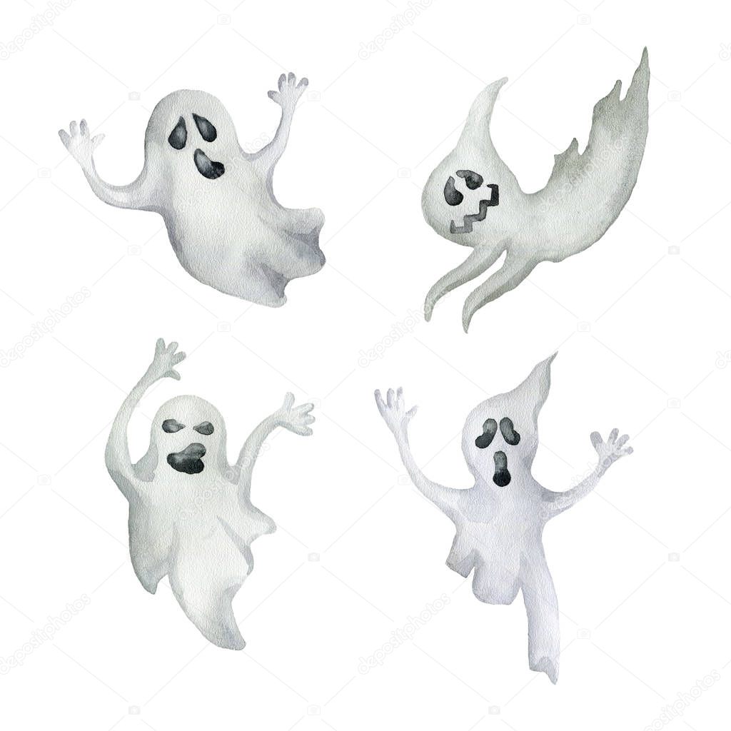 Set of halloween ghosts. Hand drawn watercolor illustration. 