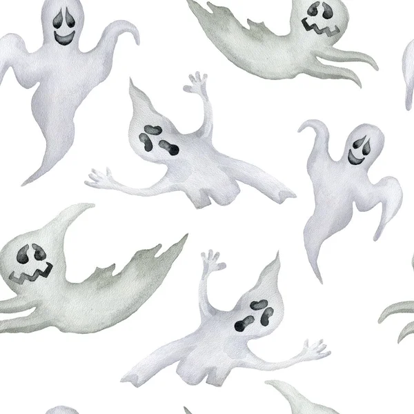 Patrón Sin Costuras Con Fantasmas Halloween Sobre Fondo Blanco Acuarela —  Fotos de Stock