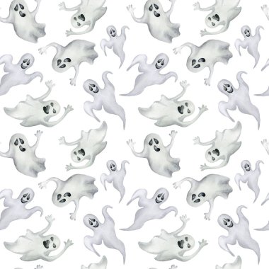 Beyaz arka plan üzerinde halloween hayaletler ile Seamless modeli. El suluboya resim çekilmiş.