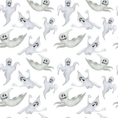 Beyaz arka plan üzerinde halloween hayaletler ile Seamless modeli. El suluboya resim çekilmiş.
