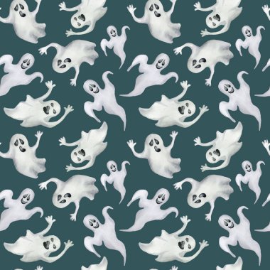 Cadılar Bayramı hayaletler ile Seamless modeli. El suluboya resim çekilmiş.
