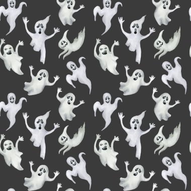 Cadılar Bayramı hayaletler ile Seamless modeli. El suluboya resim çekilmiş.