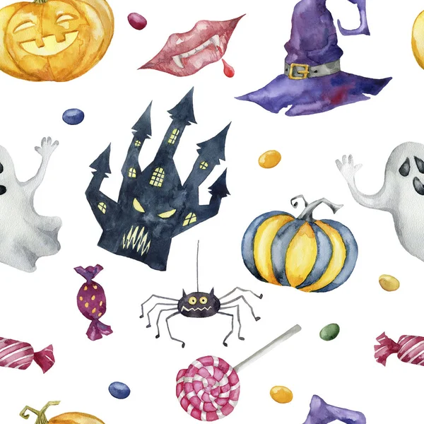 Patrón Sin Costuras Con Caracteres Halloween Sobre Fondo Blanco Acuarela —  Fotos de Stock